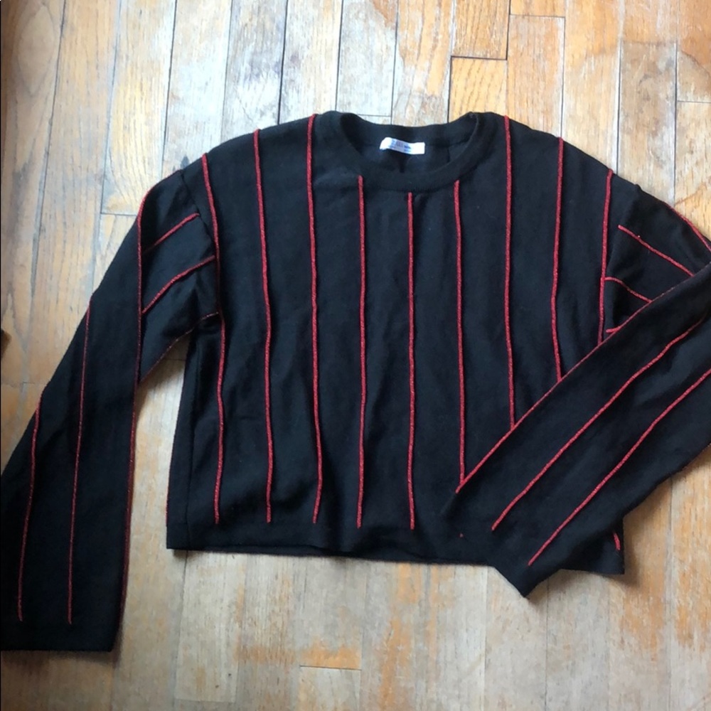 Zara black knit with red metallic stripes